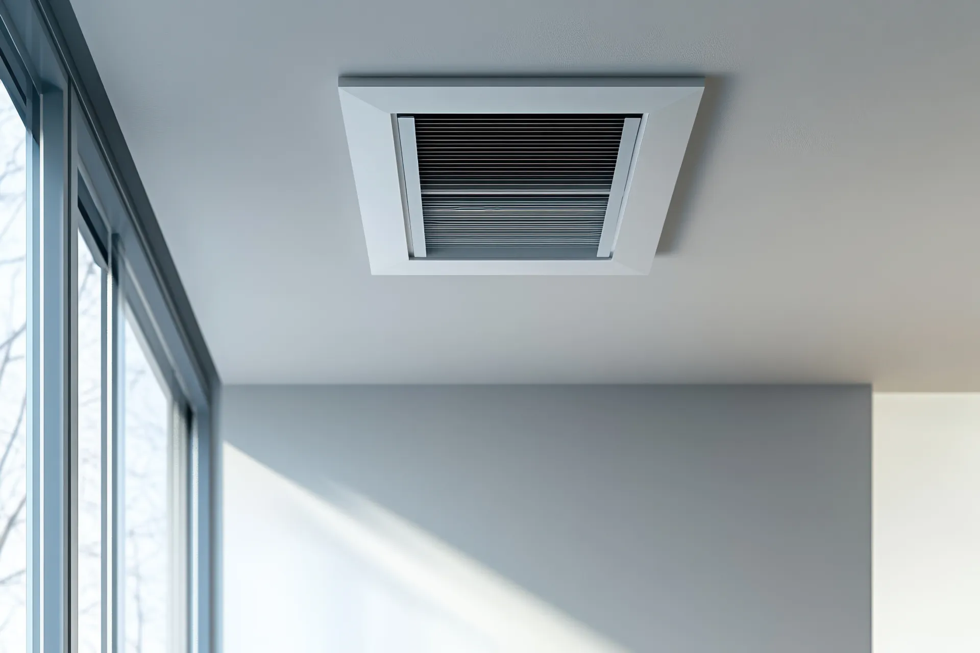 Quadratischer Deckenluftauslass einer Lüftungsanlage in modernem Raum.